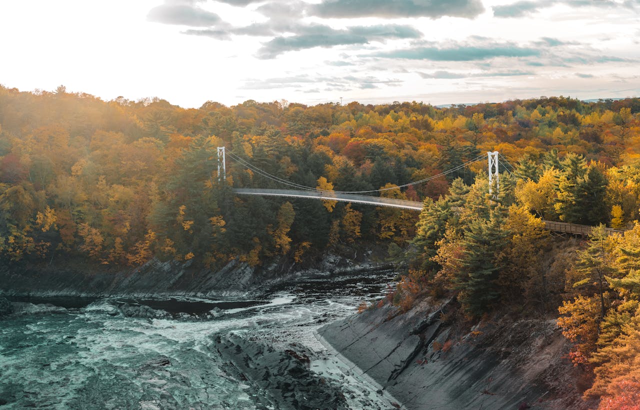 A scenic view of a suspension bridge amidst a vibrant autumn forest in Lévis, Quebec.