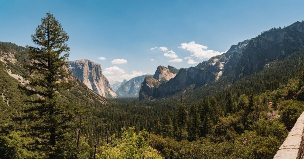 Scenic view of Yosemite Valley featuring El Capitan under a clear blue sky.