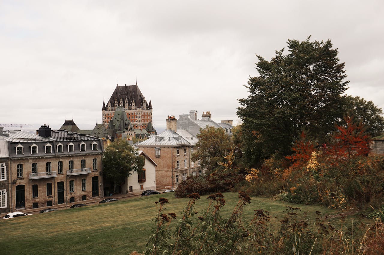 Charming view of Quebec City's architecture and trees in autumn.